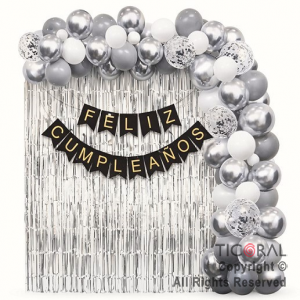 SET DE GLOBOS ARCO XL FELIZ CUMPLEA�OS BANDERIN BLANCO Y PLATA 70 UNIDADES